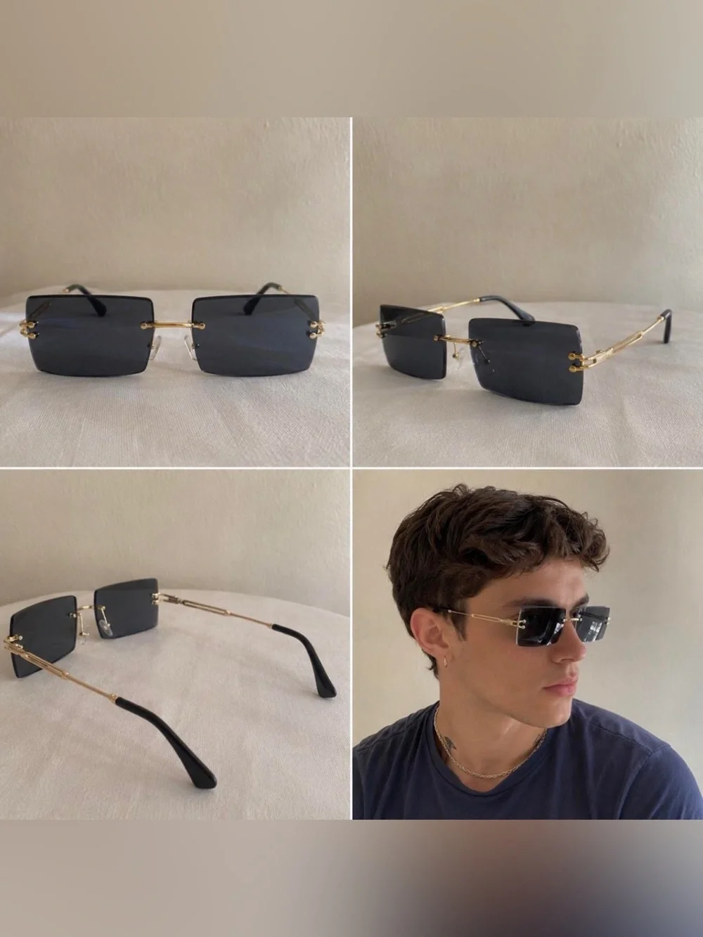 Rimless Rectangle Black Lens Gold Frame Unisex Sunglasses